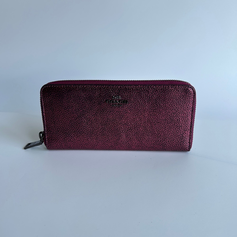 Coach Accordion Zip Around Wallet Metallic Cherry Pink Grained Leather 54757
